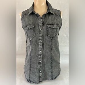 dots Acid Wash Gray Denim Sleeveless Blouse Pearl Snaps studs Small see through